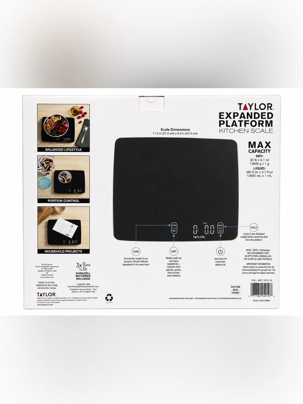 Taylor Expanded Platform Waterproof Digital Kitchen Scale 30 lb Black